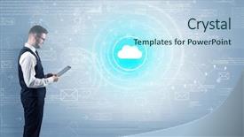  Presentation with data - Beautiful PPT layouts featuring management function - standing businessman with data backdrop and a sky blue colored foreground