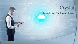  Presentation with data management - PPT layouts with management function - standing businessman with data background and a sky blue colored foreground