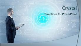  Presentation with data management - Presentation theme with management function - standing businessman with data background and a sky blue colored foreground