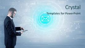  Presentation with data - Beautiful PPT theme featuring management function - standing businessman with data backdrop and a sky blue colored foreground