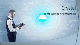  Presentation with data management - Audience pleasing PPT theme consisting of management function - standing businessman with data backdrop and a sky blue colored foreground