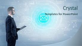  Presentation with data management - Slide deck consisting of management function - standing businessman with data background and a sky blue colored foreground