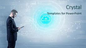  Presentation with data management - PPT theme having management function - standing businessman with data background and a sky blue colored foreground