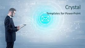  Presentation with data management - Slide set with management function - standing businessman with data background and a sky blue colored foreground