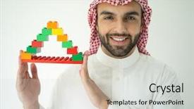  Presentation with house building - PPT theme with management home - arabic young businessman building cube background and a light gray colored foreground