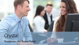  Presentation with community work - Cool new slide deck with management operational - beautiful woman-manager communicates backdrop and a light blue colored foreground