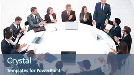  Presentation with business people moving gear - PPT theme featuring management operational - business people applauding speaker background and a ocean colored foreground