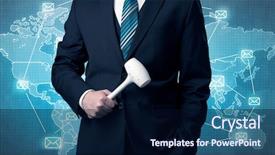  Presentation with green earth world globe map - Amazing PPT theme having management planning tools - businessman holding tool with global backdrop and a  colored foreground