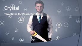  Presentation with communication - Colorful PPT theme enhanced with management planning tools - thoughtful businesman holding tool backdrop and a gray colored foreground