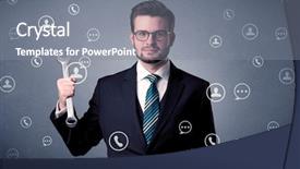  Presentation with communication - Slide deck with management planning tools - thoughtful businesman holding tool background and a gray colored foreground