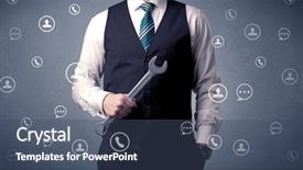  Presentation with communication - Slide set having management planning tools - thoughtful businesman holding tool background and a ocean colored foreground