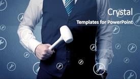  Presentation with cyber security tool description brief - Presentation with management planning tools - young serious businesman holding tool background and a ocean colored foreground