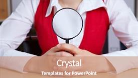  Presentation with business review - Slide deck consisting of management review - business woman holding magnifying glass background and a coral colored foreground