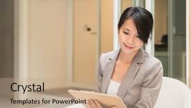  Presentation with business report - Presentation theme having management review - young asian business executive read background and a coral colored foreground