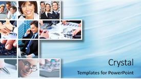  Presentation with people collage - Cool new PPT theme with management services - business people team collage teamwork backdrop and a light blue colored foreground