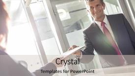  Presentation with receptionist - Presentation having management services - businessman receiving document from receptionist background and a light gray colored foreground
