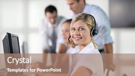  Presentation with headphones - PPT layouts having management services - closeup of blond woman background and a coral colored foreground
