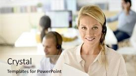  Presentation with customer service - Audience pleasing presentation design consisting of management services - closeup of customer service manager backdrop and a lemonade colored foreground