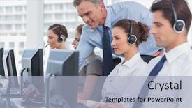  Presentation with helping - PPT layouts enhanced with management services - smiling manager helping call centre background and a light blue colored foreground