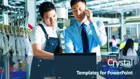  Presentation with customer service reporting - Slide deck enhanced with management services - worker or production manager background and a ocean colored foreground