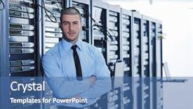  Presentation with datacenter - PPT theme enhanced with management services - young handsome business man engeneer background and a ocean colored foreground