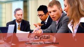  Presentation with strategy management - Cool new theme with management strategy - smiling working people sitting backdrop and a red colored foreground