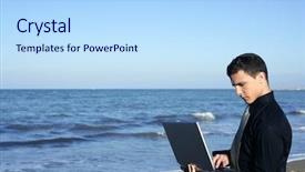  Presentation with ocean clear water deep blue - Amazing presentation having management water - handsome young businessman with computer backdrop and a  colored foreground