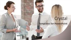  Presentation with team - Beautiful PPT theme featuring manager and business team talking backdrop and a mint green colored foreground