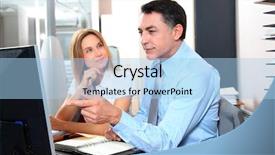  Presentation with front office - Presentation with manager and employee in front of computer in the office background and a light blue colored foreground