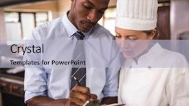  Presentation with hotel kitchen - Presentation enhanced with manager and female chef writing background and a light blue colored foreground