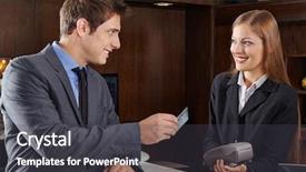  Presentation with hotel business - PPT theme having manager at hotel reception paying background and a dark gray colored foreground