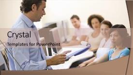  Presentation with staff - Audience pleasing presentation design consisting of manager briefing office staff backdrop and a coral colored foreground
