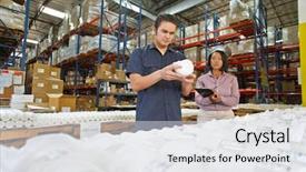  Presentation with production line - Audience pleasing slide set consisting of manager checking goods on production backdrop and a light gray colored foreground