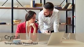  Presentation with empowered woman - Slide set enhanced with manager director - businessman explaining something to woman background and a coral colored foreground