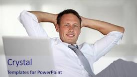  Presentation with director - PPT theme enhanced with manager director - businessman stretching arms background and a  colored foreground