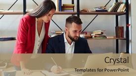  Presentation with director - Colorful PPT theme enhanced with manager director - concentrated man and woman looking backdrop and a  colored foreground