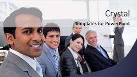  Presentation with strategy maze women - Beautiful PPT theme featuring manager discussing a new strategy backdrop and a  colored foreground