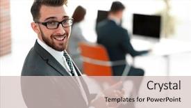  Presentation with modern reflective office buildings - Cool new presentation theme with manager employee one one meeting - modern businessman on blurred background backdrop and a  colored foreground