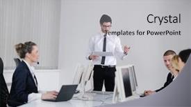  Presentation with business office desk - Audience pleasing presentation theme consisting of manager giving training and education backdrop and a light gray colored foreground