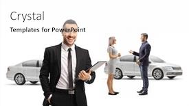  Presentation with customers - Beautiful PPT layouts featuring manager-in-a-car-showroom backdrop and a white colored foreground