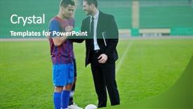  Presentation with sport coach - PPT theme having manager in business suit coach background and a teal colored foreground