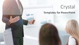  Presentation with project manager - Slide deck having manager is discussing a new financial project with a business te background and a cool aqua colored foreground