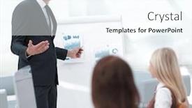  Presentation with project manager - Colorful slides enhanced with manager is discussing a new financial project with a business team backdrop and a cool aqua colored foreground