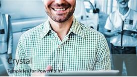  Presentation with cargo - Cool new slide deck with manager is holding a tablet backdrop and a light blue colored foreground