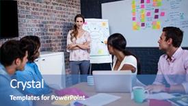  Presentation with creative - Cool new presentation theme with manager leading a meeting with a group of creative designers in the office backdrop and a teal colored foreground