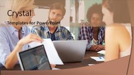  Presentation with project manager meeting - Beautiful PPT layouts featuring manager leading meeting in office backdrop and a coral colored foreground