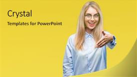  Presentation with friendly - PPT layouts having manager offers - young beautiful blonde business woman background and a yellow colored foreground