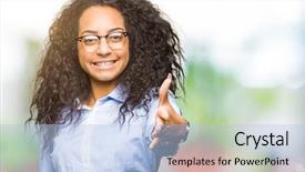  Presentation with curly hair - PPT layouts enhanced with manager offers - young beautiful business girl background and a light blue colored foreground