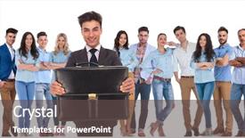  Presentation with team leader - Slide deck enhanced with manager offers - young businessman group leader offering background and a dark gray colored foreground