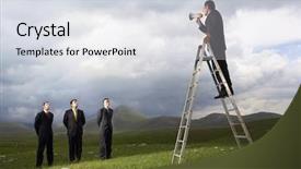  Presentation with speaking - Beautiful presentation theme featuring manager on ladder speaking backdrop and a light gray colored foreground